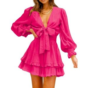 Front Tie V-Neck Ruffle Skater Dress